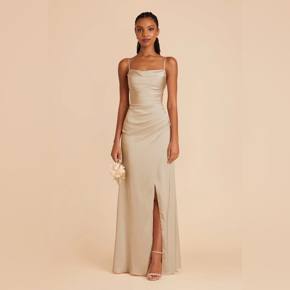 Sleek Taupe Satin Cowl Neck Maxi Dress